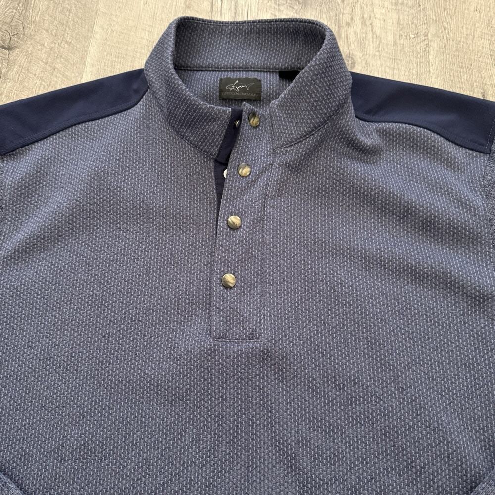 Greg Norman 1/4 Zip Snap Pullover Sweater Mens XL Blue Knit Performance Golf